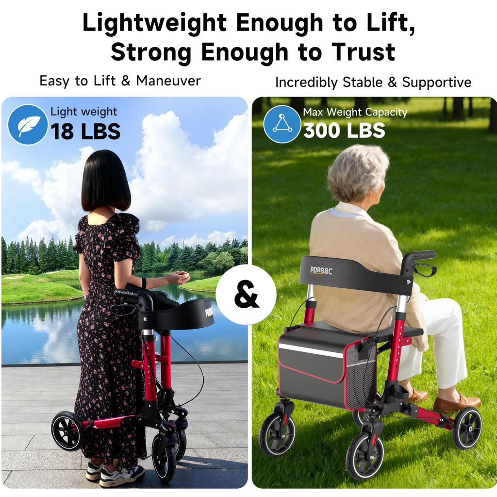 Red Foldable Lightweight Aluminum Rollator Walker with Seat and Brakes A294