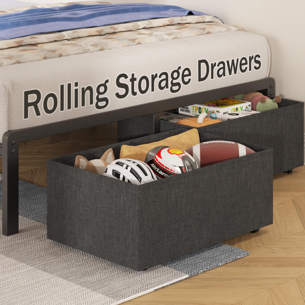 Grey Twin Bed Frame with Charging Station, LED Lights & 2 Storage Drawers V52116