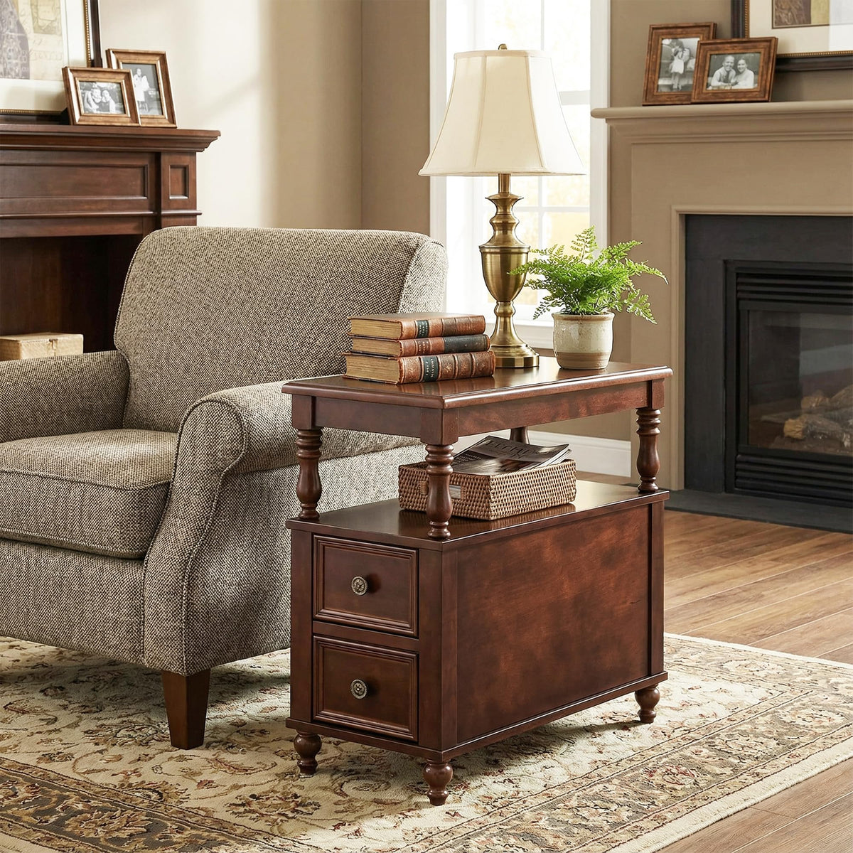Cherry Finish Wood End Table with 2 Drawers B69675