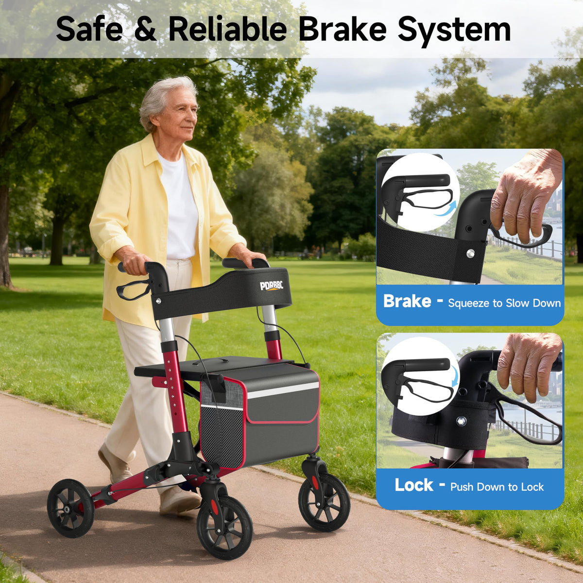 Red Foldable Lightweight Aluminum Rollator Walker with Seat and Brakes A294